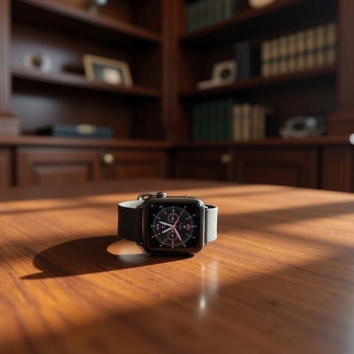 스마트워치, 클래식 도서관과 나무 책꽂이, 따뜻하고 초대하는 학구적인