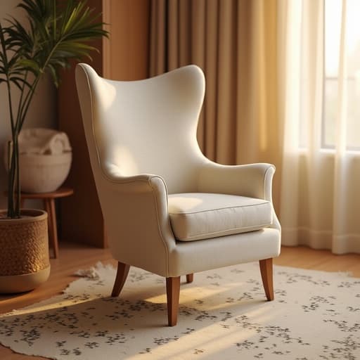 의자, 가구, 따뜻한 황금빛 노을이 공간을 비추는, 평화로운, 아늑한, 초대하는