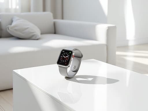 현대적인 화이트 라운지에 있는 세련된 흰색 테이블 위의 스마트워치, 밝고 현대적인 분위기.