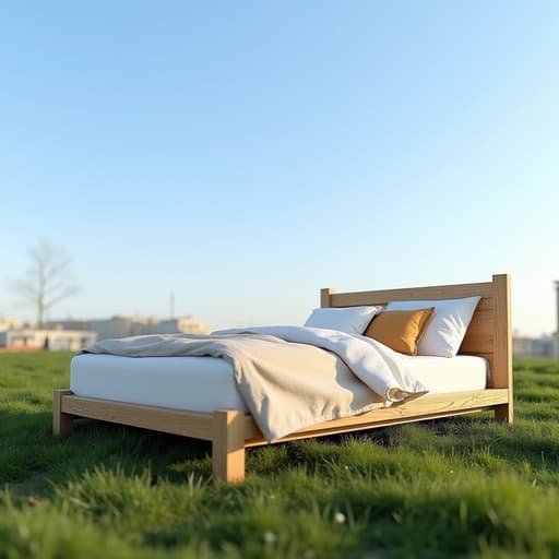 싱글 침대, 가구, 맑은 하늘, 푸른 잔디밭, 평온한, 초대하는