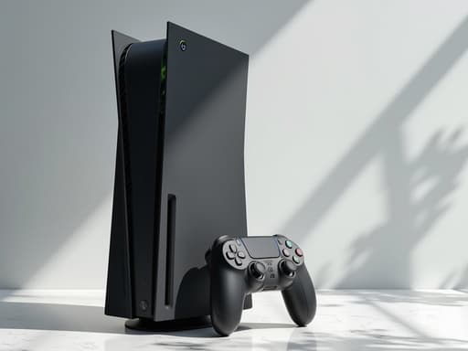 미니멀리스트 스튜디오 배경의 게임 콘솔로, 부드러운 자연광과 미세한 그림자가 있으며 깨끗하고 현대적이며 평화로운 분위기를 전달합니다.