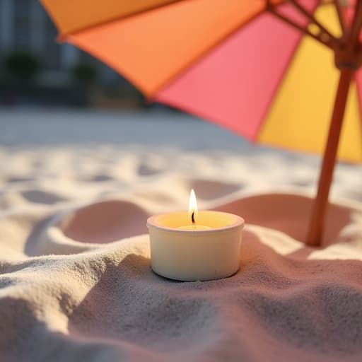 티라이트 캔들, 인테리어소품, 햇살이 비치는 모래 해변 아래의 생생한 파라솔, 차분하고 따뜻하며 편안함