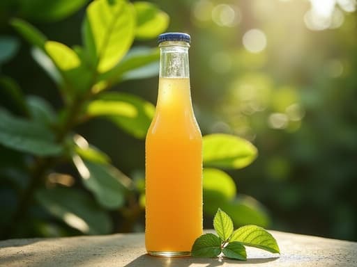 신선한 주스가 담긴 유리 주스 병, 표면에 맺힌 응결, 배경에 있는 생생한 녹색 잎사귀, 부드러운 자연광이 잎사귀를 통과하며 신선하고 자연스러운 분위기를 만듭니다.