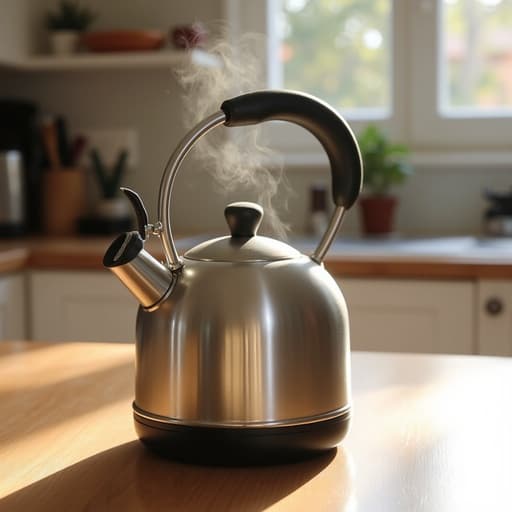 주전자, 부드럽게 흐릿한 주방 조리대, 따뜻하고 초대하는