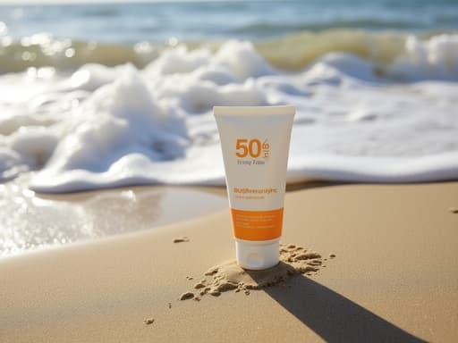파도가 몰아치는 해변에 중앙에 놓인 자외선 차단제, 밝고 생동감 넘침.