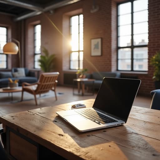 원목 책상 위에 세련된 노트북이 놓여 있고, 노출된 벽돌과 현대적인 가구가 있는 인더스트리얼 로프트 스타일 아파트에서 부드러운 자연광에 의해 조명이 비추어져 현대적이고 아늑한 분위기를 자아냅니다.
