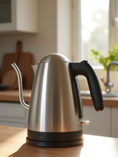 주방에 햇빛이 비치는 주전자, 따뜻하고 초대하는 분위기.