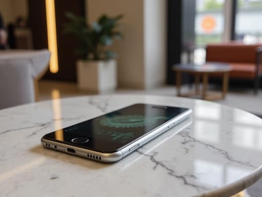 스마트폰, 고급 호텔 로비와 우아한 장식, 세련되고 초대하는 느낌