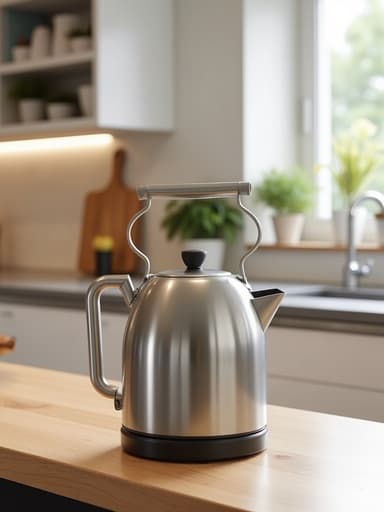 현대적인 주방 환경에서 나무 주방 조리대 위의 광택있는 스테인리스 스틸 주전자가 따뜻하고 아늑한 분위기를 연출합니다.