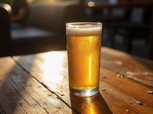 중앙에 응결이 있는 맥주 캔, 부드러운 오후 햇살이 비추는, 나무 소박한 테이블, 따뜻하고 초대하는 분위기, 자연스러운 그림자.