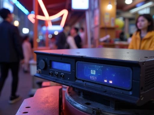 생생한 야시장 거리에서 게임 콘솔, 화려한 네온 불빛이 반사된 매끄러운 표면, 가장자리의 약간의 마모와 부드러운 그림자가 어우러져 살아있고 몰입감 있는 분위기를 만들어냅니다.