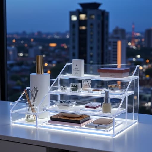 투명 아크릴 정리함, 현대적 디자인, 날카로운 각도, 미니멀리스트 스타일, 황혼의 도시 풍경 배경, 따뜻한 분위기의 조명, 표면에 부드러운 반사, 따뜻하고, 편안하며, 고요한.