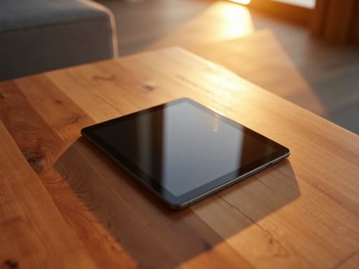 미니멀한 나무 테이블 위에 있는 세련된 태블릿, 황금빛 노을이 장면을 밝히고, 따뜻한 그림자가 깊이를 만들어내며, 나무의 세밀한 질감, 친근하고 평화로운 분위기.