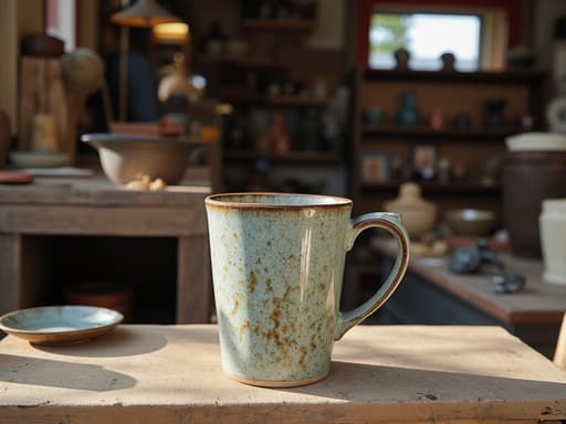 빈티지 세라믹 머그컵이 빈티지 앤티크 숍의 낡은 나무 선반 위에 놓여 있으며, 창문을 통해 스며드는 자연광과 함께 따뜻하고 아늑한 분위기를 자아냅니다.