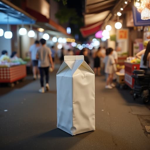 우유 팩, 화려한 야시장 거리의 조명, 활기찬 분위기.