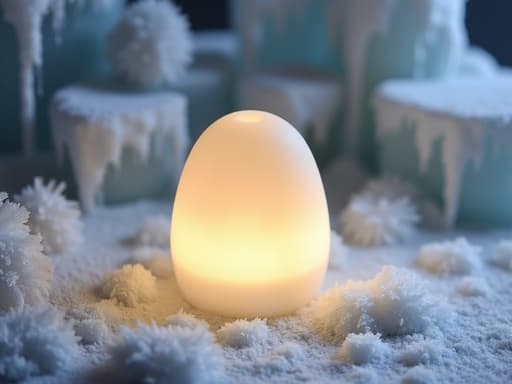 부드럽게 빛나는 무드등, 따뜻한 빛, 미니멀한 디자인이 겨울 얼음 장식의 중앙에 위치하고, 고요하고 아늑한 분위기.