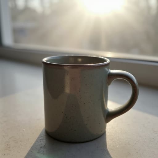 부드러운 아침 안개 속의 세라믹 머그컵 클로즈업, 고요하고 평화로운 분위기.