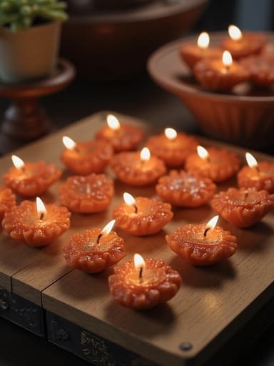 빈티지 장식이 있는 나무 진열대 위의 티라이트 캔들, 부드럽고 따뜻한 조명, 아늑한 분위기.