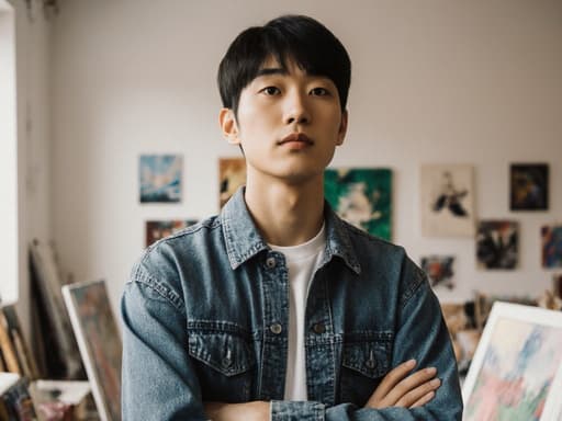 10대 후반 아시아계 남성이 자연스러운 외모로 반신을 찍은 사진입니다. 그는 편안한 티셔츠와 청바지, 작업복을 겹쳐 입고 있으며, 다양한 작품들이 전시된 아늑한 스튜디오에서 팔짱을 끼고 그림을 바라보며 평온하고 집중하는 표정을 짓고 있습니다.
