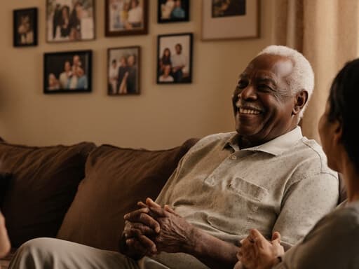 아늑한 거실의 소파에 앉아 편안한 홈웨어를 입고 있는 80대 아프리카계 남성의 따뜻하고 초대하는 반신 샷입니다. 그는 고마운 미소를 지으며 가족과의 대화를 나누고 있으며, 가족 사진으로 가득 찬 공간이 가족의 사랑과 연결의 본질을 포착하고 있습니다.