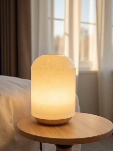 부드러운 분위기 조명 램프, 현대적인 디자인, 따뜻한 빛, 표면 질감의 미세한 결함, 아침 햇살이 창문을 통해 비침, 부드러운 그림자와 반사, 고요하고 차분한