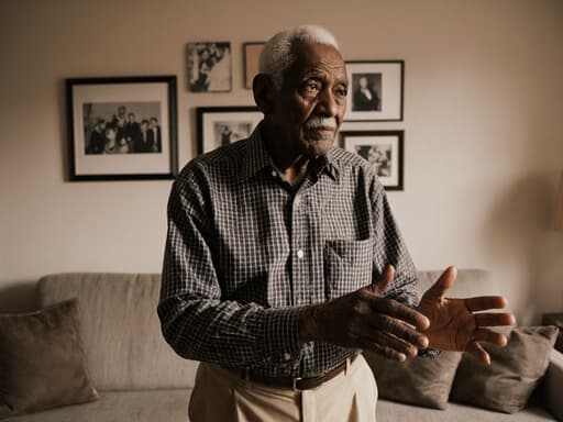 이 이미지는 아늑한 거실에서 체크무늬 셔츠와 베이지색 바지를 입은 노인 흑인 남성이 등장합니다. 그는 외로운 표정을 지으며 손을 가볍게 흔드는 모습으로, 가족 사진들이 있는 따뜻하고 향수 어린 분위기를 자아냅니다.