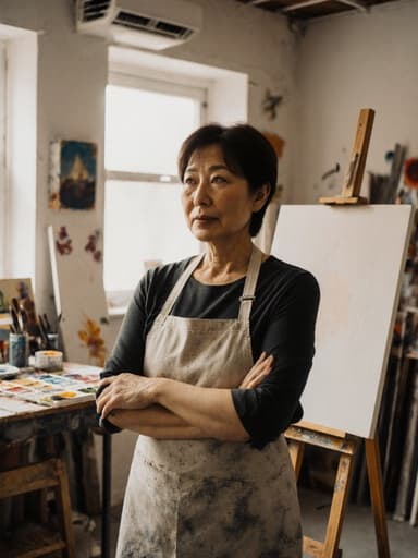 40대 아시아계 여성이 편안한 작업복과 앞치마를 착용하고, 팔짱을 낀 채 캔버스 앞에 서서 고민에 잠긴 모습의 반신 사진입니다. 아늑한 화실 배경에는 여러 개의 캔버스와 그림 도구들이 놓여 있어 창의적인 분위기를 더합니다.