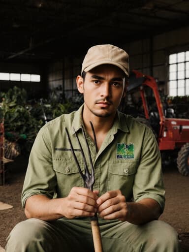 친환경 농업 복장을 한 젊은 라틴계 남성이 농업 장비가 정리된 실내 공간에 앉아 있습니다. 그는 농기구를 들고 무언가를 고민하며 당황한 표정으로 바라보고 있어, 지속 가능한 농업의 정신을 담고 있습니다.