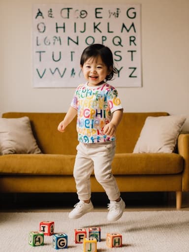 밝고 아늑한 거실에서 색색의 알파벳 블록을 들고 점프하는 사랑스러운 1세 어린 한국인 여성의 전신 사진. 알파벳이 그려진 화려한 티셔츠와 편안한 바지를 입고 있으며, 사랑스러운 표정과 장난기 넘치는 모습으로 즐거움을 전달하고 있습니다.