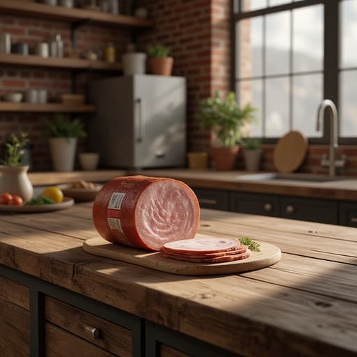 통조림 햄, 음식, 통조림 제품, 식료품, 산업적이고 도시적이며 아늑한, 거친 나무 주방 카운터, 노출된 벽돌 로프트, 큰 산업용 창문을 통해 비치는 자연광.