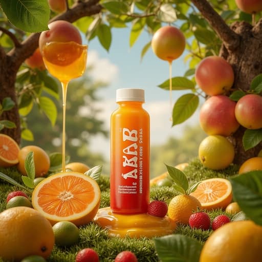 주스 병, 병, 음료 용기, 식품, 거대한 과일과 흐르는 주스가 있는 꿈 같은 과수원, 신선한, 활기찬