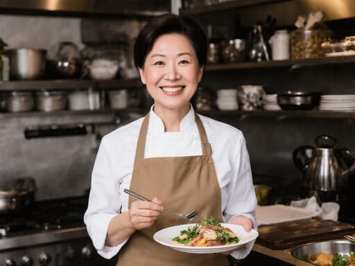 50대 동양인 여성의 반신 촬영으로, 세련된 주방 조리복과 앞치마를 착용하고 있습니다. 긍정적인 표정으로 미소를 짓고 손에 맛있게 조리된 음식을 들고 맛보는 모습입니다. 배경은 아늑한 레스토랑 주방으로, 요리 주제를 강조하며 그녀의 요리 실력을 부각시키는 따뜻하고 초대하는 분위기를 만들어냅니다.