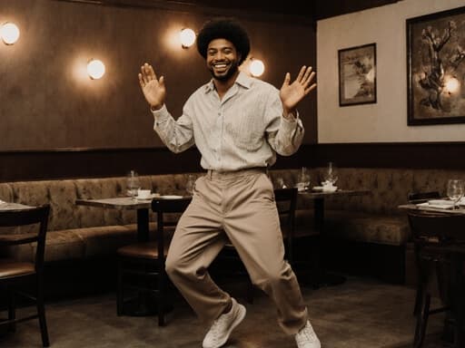 이미지는 따뜻한 미소를 지닌 80대 혼혈 남성이 편안한 복장을 입고 아늑한 카페 환경에서 가볍게 춤추는 모습을 보여주며, 즐거움과 편안함의 감정을 불러일으킵니다.