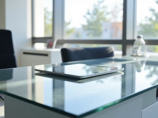 현대적인 사무실의 밝고 전문적인 환경에서 세련된 태블릿이 책상 위에 있습니다.