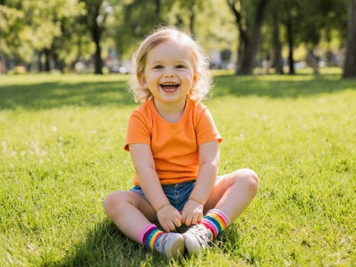 행복한 3세 유럽계 소녀가 햇살 가득한 공원에 앉아 밝은 색상의 티셔츠와 반바지를 입고 신발을 신으려 다리를 뻗고 있는 모습입니다. 따뜻한 햇빛과 생기 넘치는 초록색 배경이 그녀의 순수함과 행복한 순간을 강조합니다.
