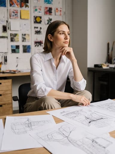 30대 백인 여성이 현대적인 디자인 스튜디오의 테이블에 앉아 크로스 레그로 포즈를 취하며 디자인 스케치북을 바라보며 깊은 생각에 잠겨 있습니다. 스튜디오의 벽에는 다양한 디자인 도구와 샘플들이 전시되어 있어 창의적인 분위기를 자아냅니다.