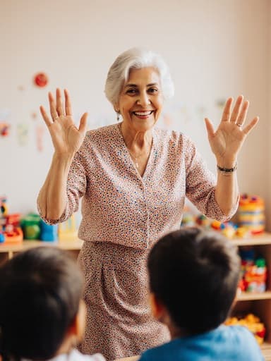 60대 중동계 여성이 아기자기한 패턴의 블라우스와 스커트를 입고, 아이들을 맞이하며 손을 흔들며 미소 짓는 따뜻하고 초대하는 장면입니다. 배경은 장난감과 교육 도구가 가득한 밝고 아늑한 교육 공간으로, 보살핌의 분위기를 만들어냅니다.