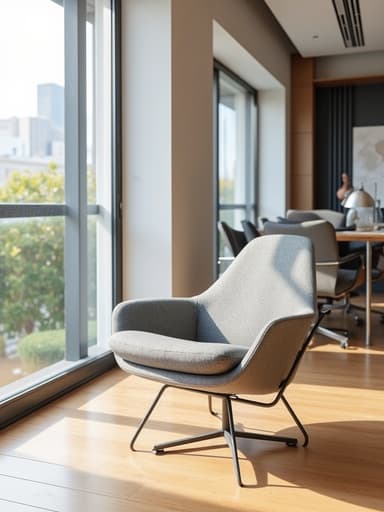 자연광이 비치는 현대적인 사무실 공간에 있는 라운지 체어와 다정한 분위기.