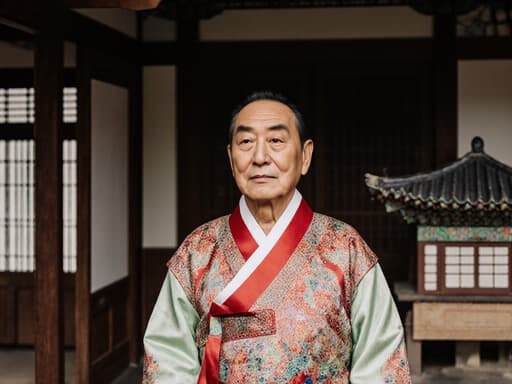 전통 한복을 입은 70세 한국 남성이 전통 한국 스타일의 거실에서 전통 건축 모형을 바라보며 무관심한 표정을 지으며 서 있는 모습의 평화로운 반신 사진입니다.