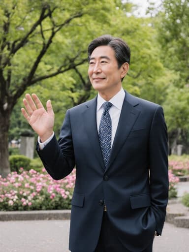 50대의 세련된 한국 남성이 고급스러운 정장과 스타일리시한 넥타이를 입고, 아름다운 공원 배경에서 손을 들어 인사하는 모습의 반신 사진. 푸르른 나무와 꽃들로 가득한 풍경 속에서 품위와 친근함을 전달합니다.