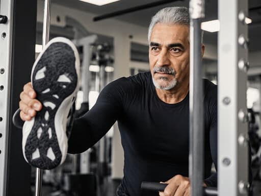 50대 중동계 남성이 세련된 스포츠 의상을 입고, 체육관에서 운동 기구를 조정하는 모습의 반신 사진. 집중한 표정을 지으며, 다양한 운동 기구가 있는 실내 체육관의 에너지를 잘 담고 있습니다.