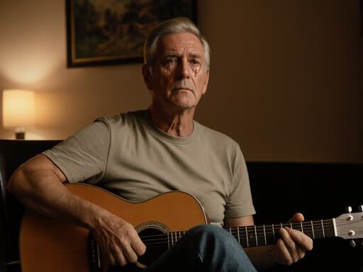 자연스러운 외모를 가진 40대 백인 남성이 편안한 티셔츠와 청바지를 입고, 슬픈 표정을 지으며 눈물을 흘리고 있는 모습의 반신 사진입니다. 그는 기타를 품에 안고 아늑한 카페에 앉아 있으며, 따뜻한 조명이 비추는 공간에서 친밀한 분위기를 연출하고 있습니다.