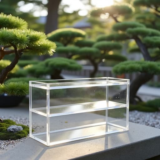 아크릴 정리함이 섬세한 자갈길과 분재가 있는 일본식 정원에 있어 평화롭고 고요한 분위기를 만듭니다.