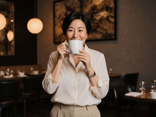 50대 동양인 여성이 세련된 블라우스와 편안한 팬츠를 착용하고, 따뜻한 조명이 비치는 현대적인 레스토랑에서 커피를 부드럽게 마시며 매력적인 미소를 짓고 있는 반신 사진입니다.