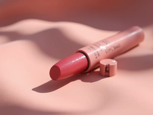 유기적 곡선 위에 광택 있는 마감의 립 틴트 튜브 클로즈업, 우아하고 부드러운 분위기.