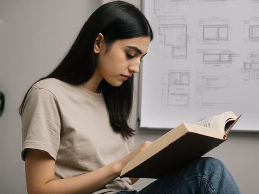 10대 초반의 중동계 소녀의 반신 촬영, 자연스러운 외모를 지닌 모습입니다. 편안한 티셔츠와 청바지를 착용하고 있으며, 책을 들고 고개를 약간 숙인 채 읽고 있습니다. 배경은 스케치와 도면이 붙어 있는 현대적인 프로젝트룸으로, 따뜻하고 매력적인 분위기를 만들어냅니다.