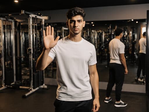 10대 후반의 중동계 남성이 스포츠 의상을 입고 훈련실에 서 있으며, 긴장한 표정으로 약간 불안한 느낌을 주며 시청자를 향해 한 손을 들어 인사하고 있습니다. 배경은 운동 기구와 거울로 가득 차 있어 훈련의 몰입감을 더합니다.