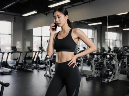 20대 아시아계 여성이 자연스러운 외모로 운동용 타이츠와 스포츠 브라를 착용하고 지루한 표정으로 전화를 하고 있는 반신 촬영. 한 손으로 전화를 들고 다른 손은 허리를 감싸고 있으며, 다양한 운동 기구와 거울이 배치된 피트니스 스튜디오를 배경으로 한 이미지로, 캐주얼하면서도 활동적인 분위기를 반영합니다.