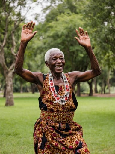 화려한 전통 의상을 입은 80대 아프리카계 남성이 푸른 잔디와 나무들이 있는 공원에서 전통 춤을 추며 편안하고 즐거운 표정을 짓고 있는 전신 사진.