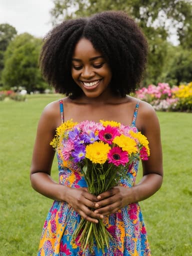 밝은 색상의 원피스를 입고 플로럴 패턴의 스니커즈를 신은 아프리카계 10대 후반의 여성이 꽃다발을 두 손으로 들고 행복하게 미소 지으며 다양한 꽃과 푸른 잔디가 가득한 공원에서 촬영된 반신 사진입니다.